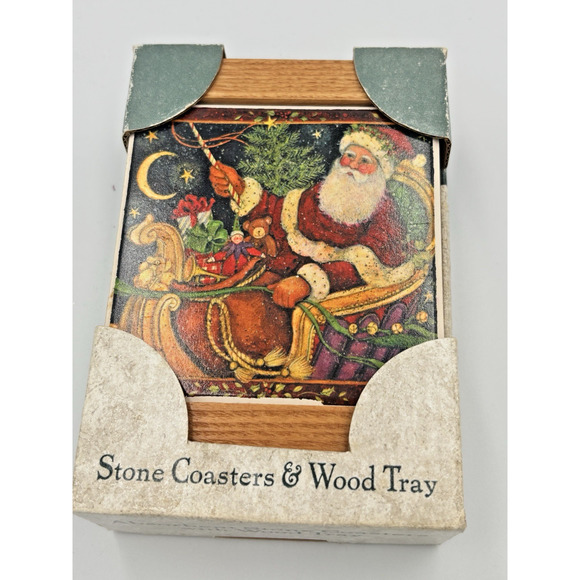 Absorbent Stone Coaster St Nicholas Set of 4 Wood Tray Boxed Santa Christmas NOS - Picture 1 of 10